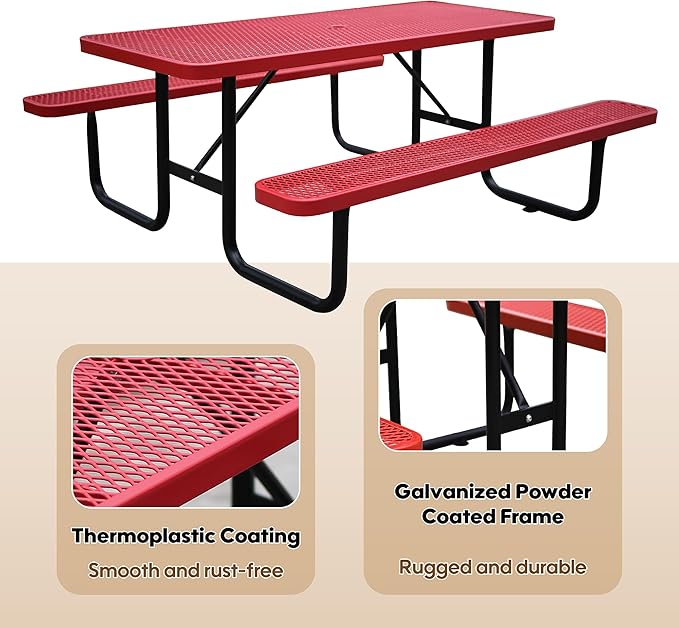 6FT Metal Picnic Tables for Outdoors, Commercial Rectangular Picnic Table and Bench Set for Outside, Patio, Garden, Backyard, Porch, Surface Mount, Red-VerdiqueGarden