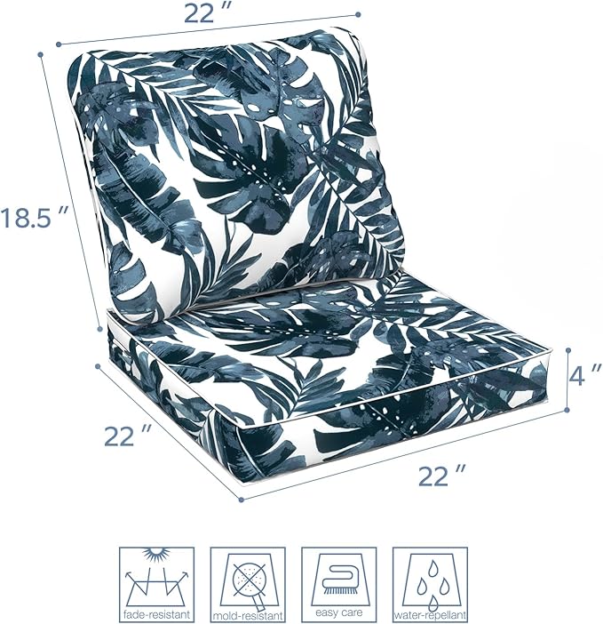 LVTXIII Outdoor Deep Seat Cushion Patio Seat and Back Cushion Set Seasonal Chair Cushion with Removable Cover and Adjustable Buckle for Home and Garden, 22"x22"x4", Palms Blue-VerdiqueGarden