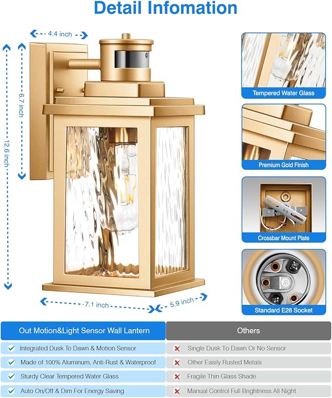 VIANIS Motion Sensor Porch Lights, Outdoor Light Fixtures Wall Mount Dusk to Dawn, Gold Waterproof Exterior Lights for House, Outdoor Wall Lights for House, Doorway, Patio, Anti-Rust-VerdiqueGarden