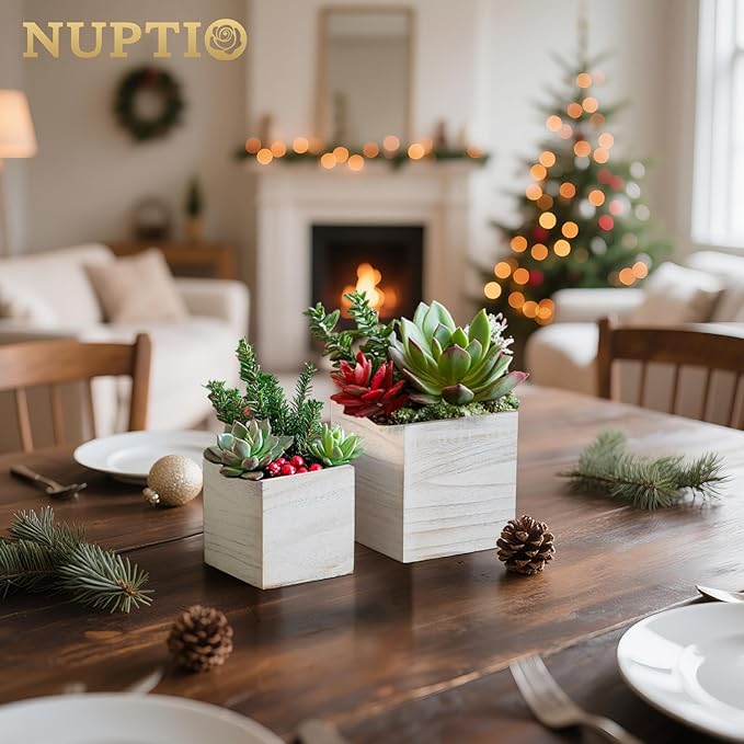 NUPTIO Wooden Box for Centerpiece Wedding: 12 Pcs Rustic Square Planter Box Farmhouse Table Fall Decor - 4×4" & 5×5" Whitewashed Small Wood Vases Flower Pots for Windowsill Home Garden-VerdiqueGarden
