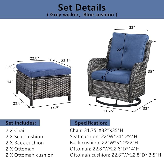 4 Pieces Patio Furniture Sets, Wicker Patio Swivel Glider Chair with Ottomans, Outdoor Furniture Set for Outside Porch, Deck, Balcony, Garden-VerdiqueGarden