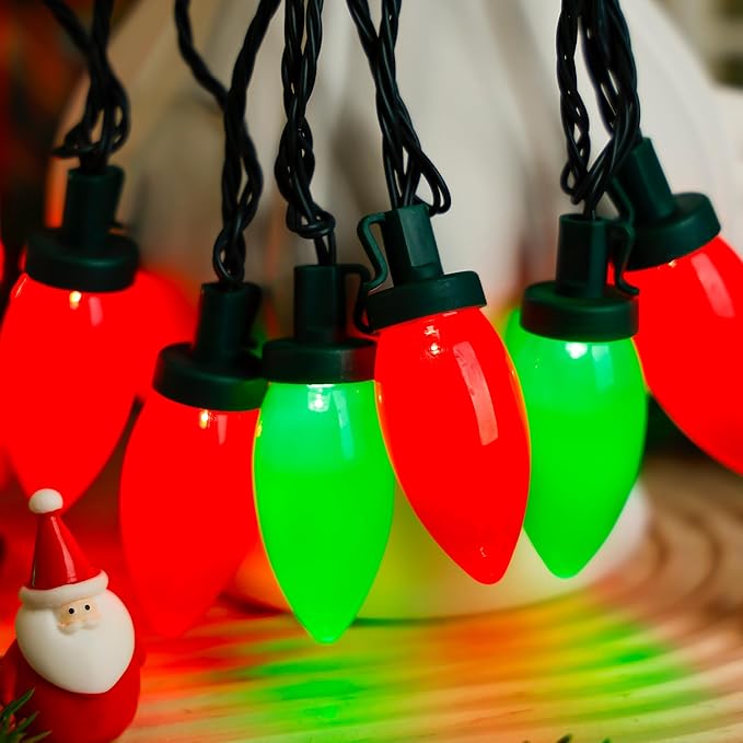 C9 Bulbs Classic Christmas Lights - 50 LED 32ft Strawberry String Light Red&Green - Extendable 8 Modes Funtion with Timer Fairy Lighting for Outdoor, Indoor, Party, Home, Tree Decorations-VerdiqueGarden