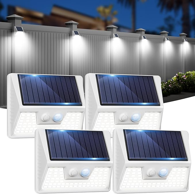 4 Pack Solar Fence Lights Waterproof, Motion Sensor Deck Lights Outdoor, Cold White LED Outside Lights Wireless for Wall Yard Steps Stairs Garden - White-VerdiqueGarden