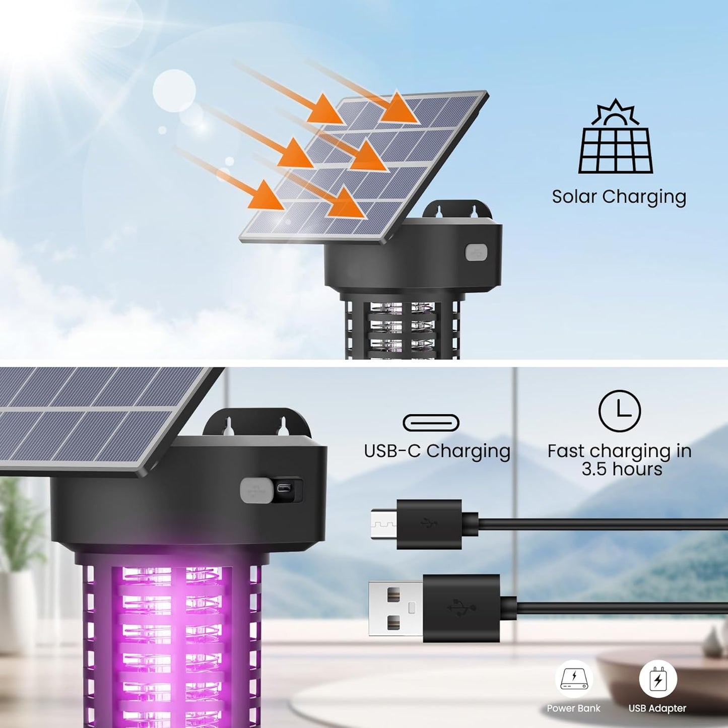 Solar Bug Zapper Outdoor Mosquito Trap Killer Mosquito Killer Lamp，Cordless & Rechargeable ，Fly Zapper Mosquito Catcher Lamp Decor Light for Patio Garden-VerdiqueGarden