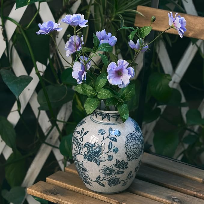 SIDUCAL Ceramic Chinoiserie Floral Vase | 6.3 Inch Blue and White Vintage | Retro Ice Cracked Blue and White Porcelain Vase for Table, Living Room, Bathroom Decoration, Shelf Decor, Mantel-VerdiqueGarden