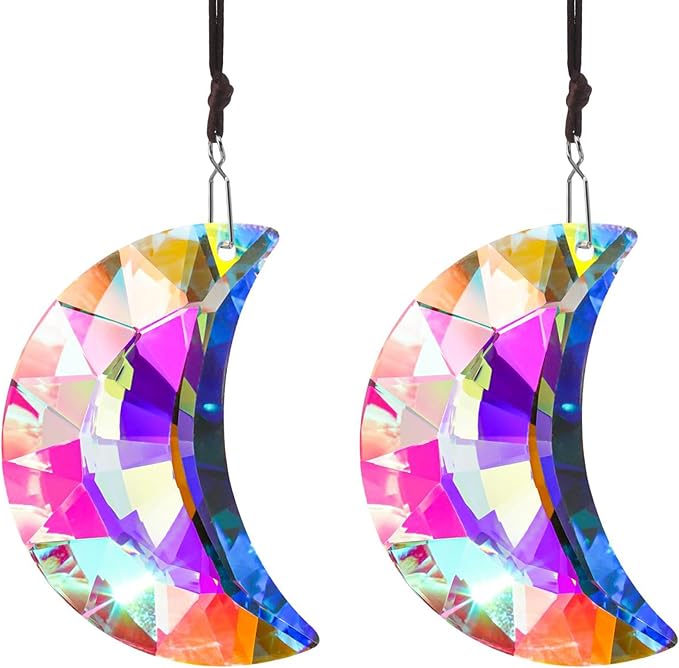 HDCRYSTALGIFTS 2pcs 50mm Crystal Prisms Sun Catchers,Half Moon Drop Hanging Suncatchers for Windows, Rainbow Maker Crystals Decoration-VerdiqueGarden