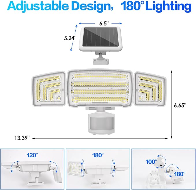 Energetic Solar Outdoor Lights, 1800LM 150 LED Security Motion Sensor Outdoor Lights with Remote Control, IP65 Waterproof Floodlight, 3 Head Motion Detected Spotlight for Garage, Pack of 2 (White)-VerdiqueGarden