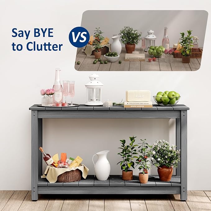 Outdoor Console Table, 48" Weather Resistant HIPS Patio Side Table, 440LBS Weight Capacity, 2-Tier Multifunctional Buffet Bar Storage Organizer for Garden Deck, Gray-VerdiqueGarden