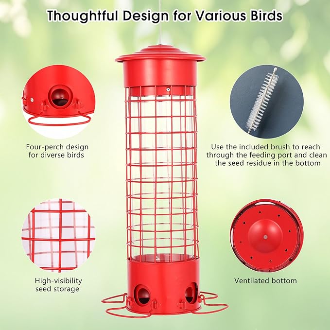 Squirrel Proof Bird Feeder for Outdoors, Weatherproof Metal Feeder, 4.5 lb Large Capacity, Weight-Activated Perches, Hanging Feeder for Cardinals, Finches, Wild Birds, Red-VerdiqueGarden