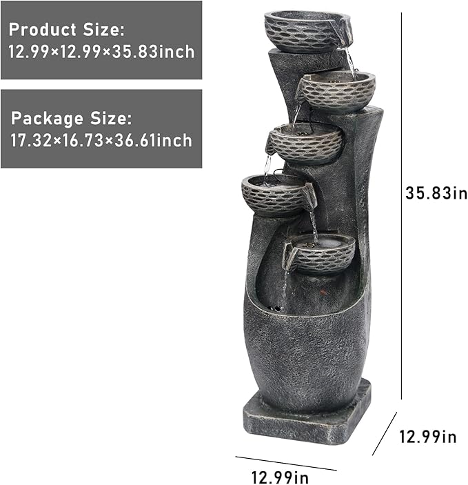 35.83''H Indoor Outdoor Modern Water Fountain 6-Tiers Garden Cascading Fountains Curve Shape Floor Standing Waterfall Water Feature with LED Light for Yard Deck Patio Home Art Decor-VerdiqueGarden