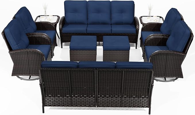 Joyside 10 Piece Patio Furniture Set, Outdoor Wicker Conversation Sets with Swivel Rocker Chairs and Sofa, Thick Cushion, Rattan Patio Sectional for Porch, Deck Use (Brown/Blue, 10 PCS)-VerdiqueGarden