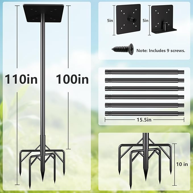 Bird Feeder Pole Kit 110 Inch,Bird House Pole for Outdoors Heavy Duty,5 Base Prongs Adjustable Birds Feeder Stand for House-VerdiqueGarden