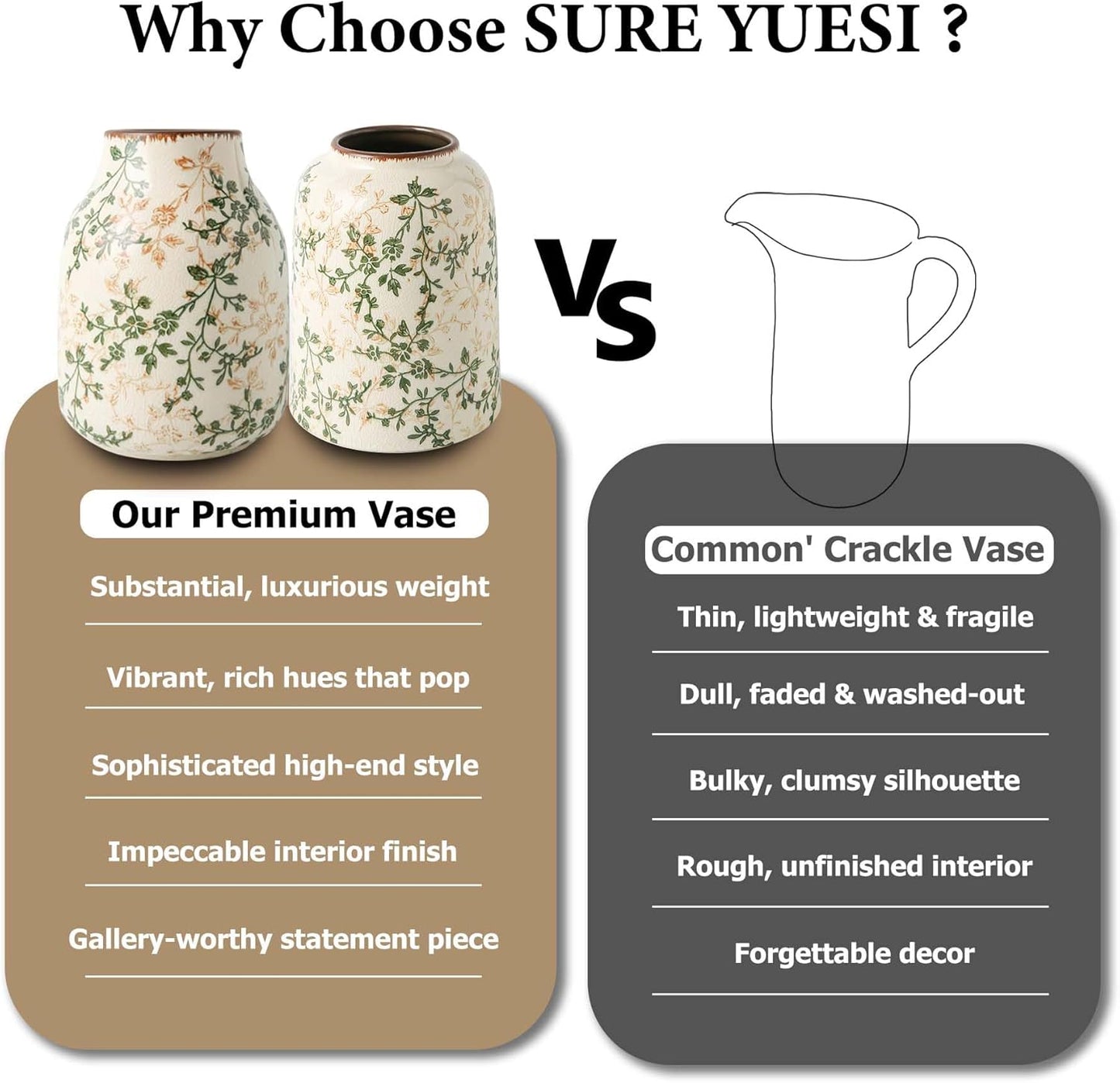 Ceramic Vase Set of 3, Vintage Green and Beige Vases Set, Flower Rustic Chinoiserie Vases Floral Grand Millennial Farmhouse Decor Vase for Home Decor, Living Room, Kitchen, Bedroom, Bookshelf-VerdiqueGarden