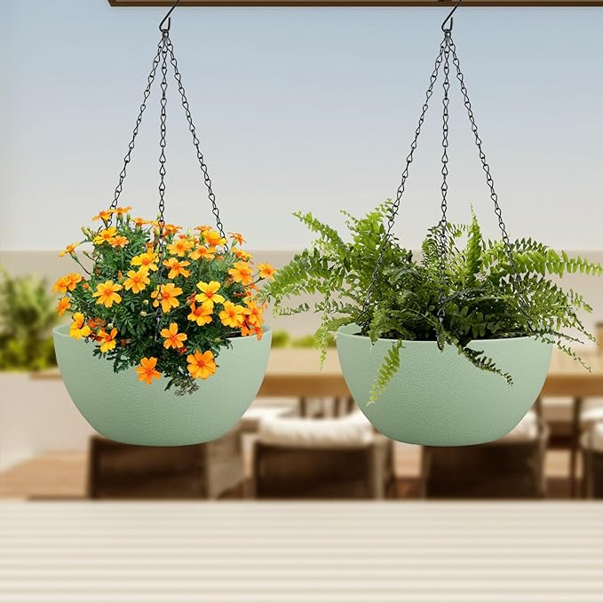 12 inch Large Hanging Planters Plant Pots for Indoor Outdoor Plants, 2 Pack Hanging Flower Pots with Drainage Holes and Chain for Garden Porch, Plastic Hanging Baskets for House Plants, Green-VerdiqueGarden