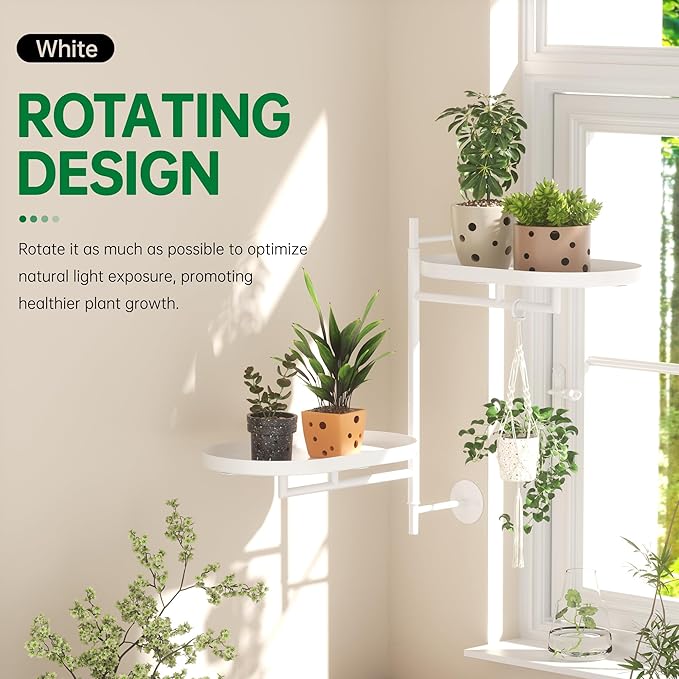Rotating Window Plant Shelves for Multiple Plants Indoors,2-tier Metal Corner White Plant Stand Holder Floating Plant Shelf for Wall，Windows Sill Gifts for Plant Lovers to Enhance Home Decor-VerdiqueGarden
