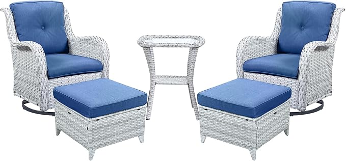 Outdoor Swivel Rocker Furniture 5 Pieces Patio Wicker Furniture Sets, Rattan Patio Swivel Glider Chairs with 2 Ottoman and Glass Side Table-VerdiqueGarden