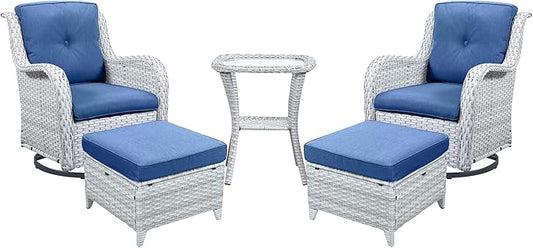 Outdoor Swivel Rocker Furniture 5 Pieces Patio Wicker Furniture Sets, Rattan Patio Swivel Glider Chairs with 2 Ottoman and Glass Side Table-VerdiqueGarden