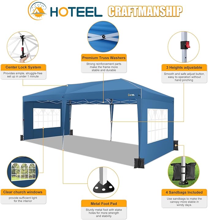 HOTEEL 10x20 Pop up Canopy with 6 Sidewalls, One Push Instant Setup Outdoor Canopy Tent with Reinforce Rod, Weight Bag, for Parties, Events, Blue-VerdiqueGarden