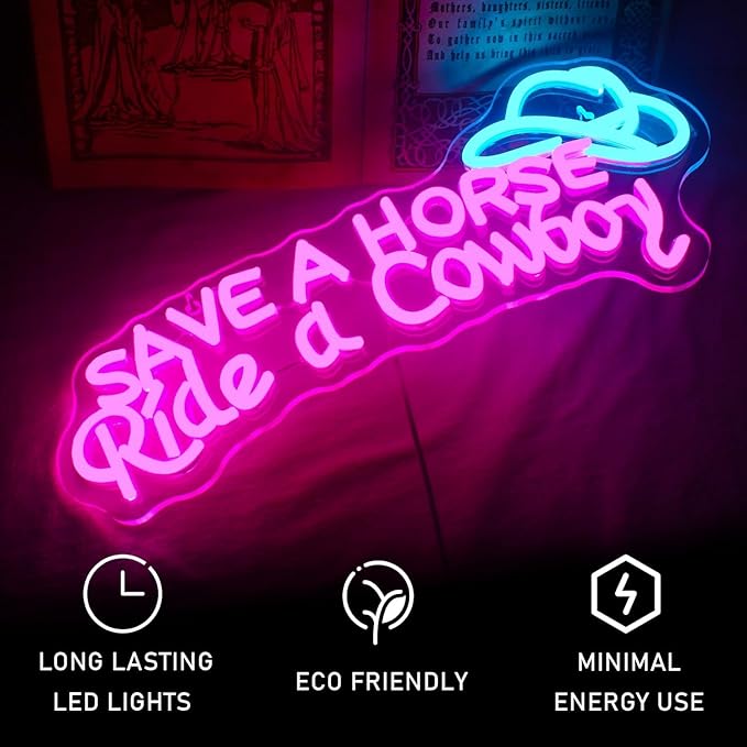 WLHOPE Save A Horse Ride A Cowboy Neon Sign Adjustable Brightness Led Sign,Neon Signs for Wall Decor,Connectivity Via USB Licked Neon Light for Bedroom Home Bar Club Hotel Party Decor-VerdiqueGarden