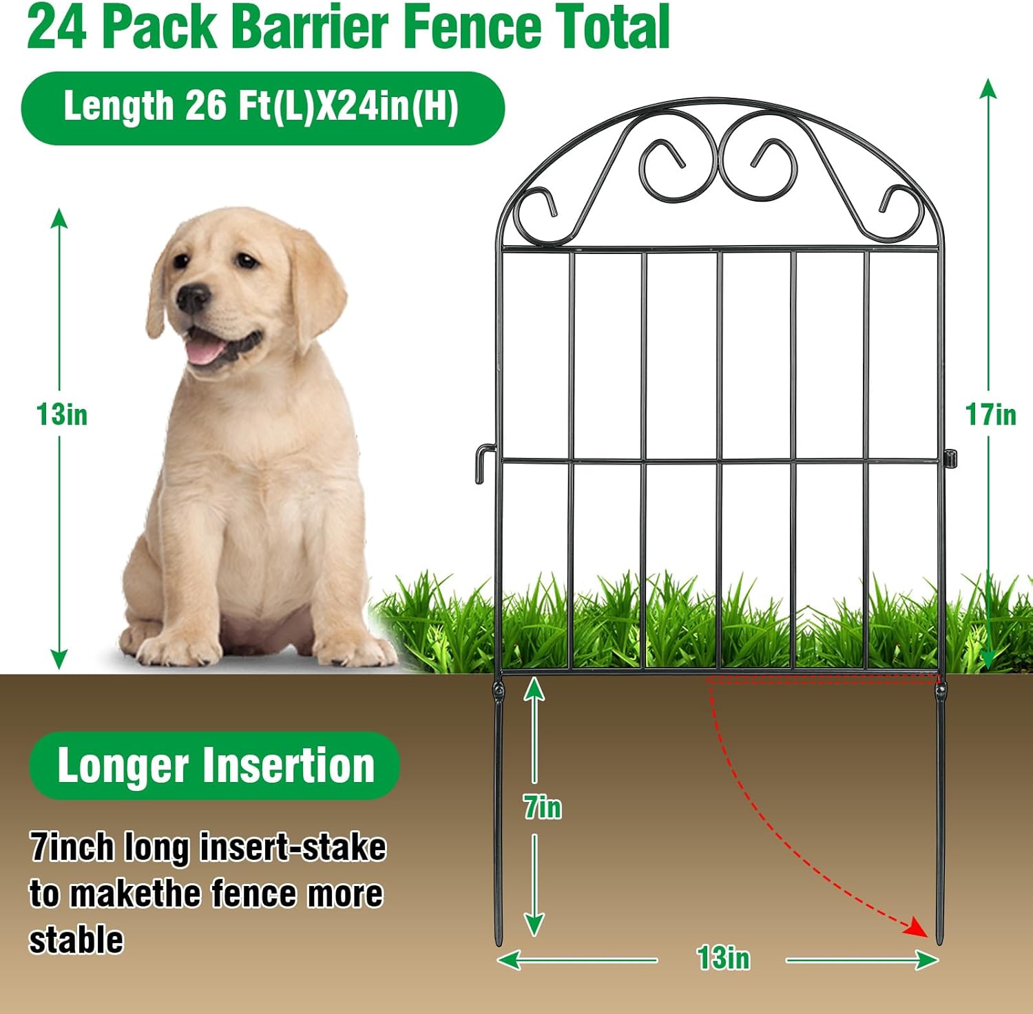ADAVIN 24 Panels Collapsible Garden Fence Animal Barrier,26 Ft(L) x 24 in(H) Black Rustproof Metal Wire Panel Border for Dogs Rabbits, Flower Edging for Landscape Patio Yard Outdoor Decor, Arched-VerdiqueGarden