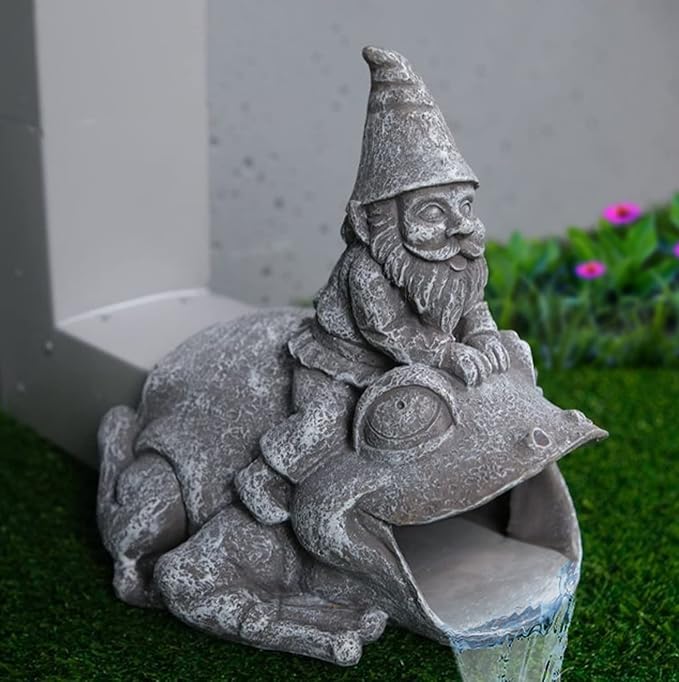 Gutter Downspout Extension - Downspout Splash Block - Downspout Diverter Garden Statue (Gutter in The Form of Funny Gnome on a Frog)-VerdiqueGarden