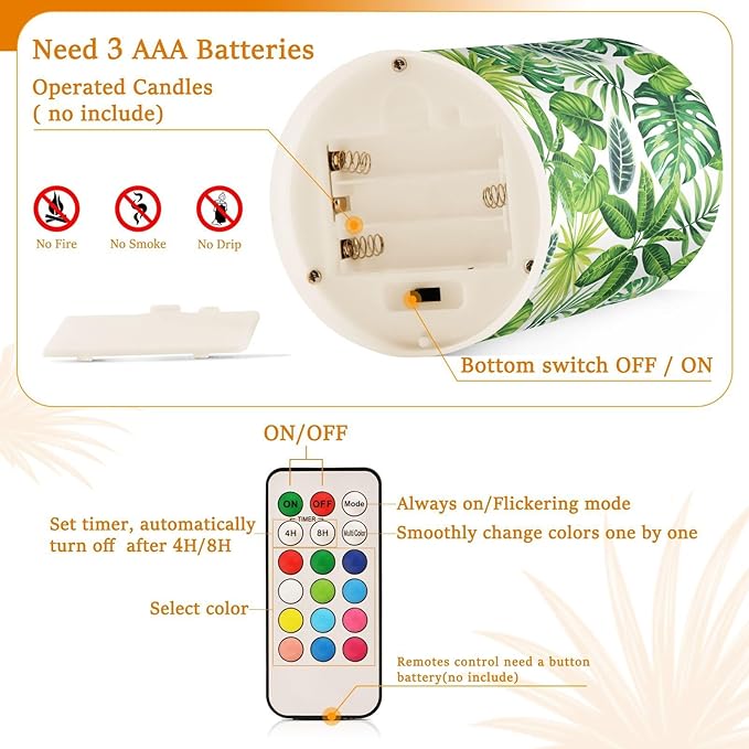 Flickering Flameless Candles, Tropical Palm Leaves Exotic LED Candles with Remote Timer, Set of 2 Battery Operated Candle for Valentine Wedding Birthday-VerdiqueGarden