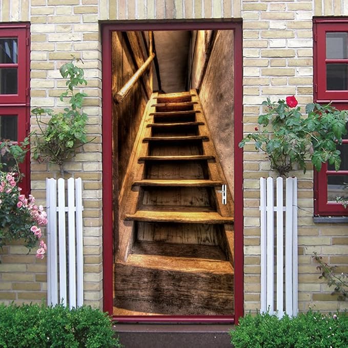 3D Door Stickers Murals Peel and Stick - Wooden Stairs - Door Wallpaper Self-Adhesive Door Decals Removable PVC Waterproof Door Poster for Bedroom Living Room Door 37.4" x 82.7"-VerdiqueGarden