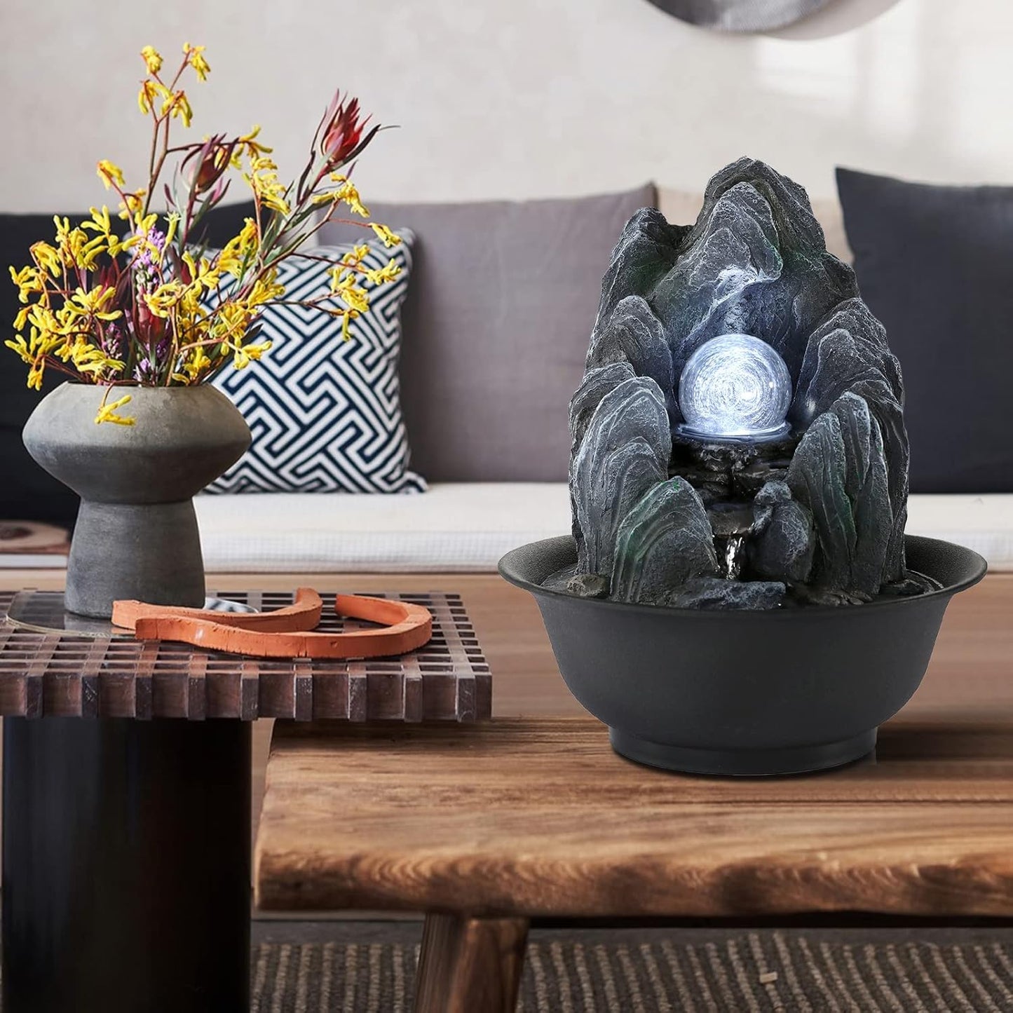 WICHEMI Water Fountains Indoor Waterfall Fountain Tabletop Fountain with LED Rolling Ball Stacked Rocks Indoor Water Feature Zen Meditation for Home and Office Indoor Spaces Decor (Style 19)-VerdiqueGarden