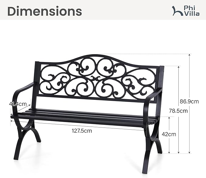 PHI VILLA 50-Inch Cast Iron Steel Frame Garden Bench Outdoor Patio Bench Chair w/Floral Design Backrest, Slatted Seat for Park, Yard & Porch, Black-VerdiqueGarden
