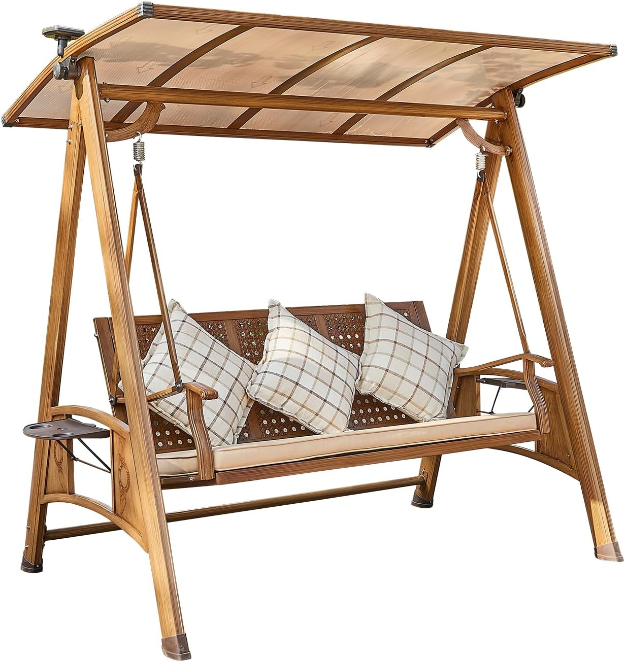 2/3-Seat Outdoor Patio Porch Swing with Adjustable Aluminum Alloy Canopy Solar Patio Swing Chair Bench with Footrest Side Cup Holder for Backyard Lawn (A-Aluminum Mesh Wood Grain-3 Seat)-VerdiqueGarden