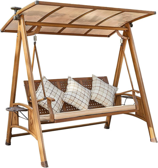 2/3-Seat Outdoor Patio Porch Swing with Adjustable Aluminum Alloy Canopy Solar Patio Swing Chair Bench with Footrest Side Cup Holder for Backyard Lawn (A-Aluminum Mesh Wood Grain-3 Seat)-VerdiqueGarden