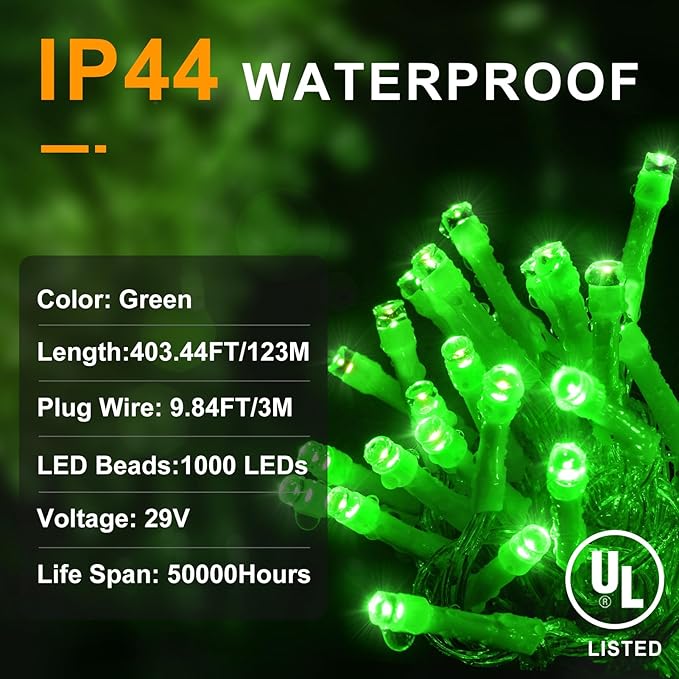KNONEW 403ft 1000 LED Christmas String Lights Outdoor 8 Modes & Timer Fairy Light Plug in Waterproof LED Fairy Lights for Xmas Yard Tree Wedding Party Holiday Decorations (Green)-VerdiqueGarden
