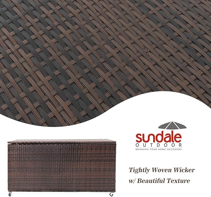 Outdoor 170 Gallon Water-Resistant Wicker Storage Box with Wheels, PE Rattan Deck Box with Waterproof Liner for Outside, Patio Storage Container with Hinged Lid, Horizontal Bin, Brown-VerdiqueGarden