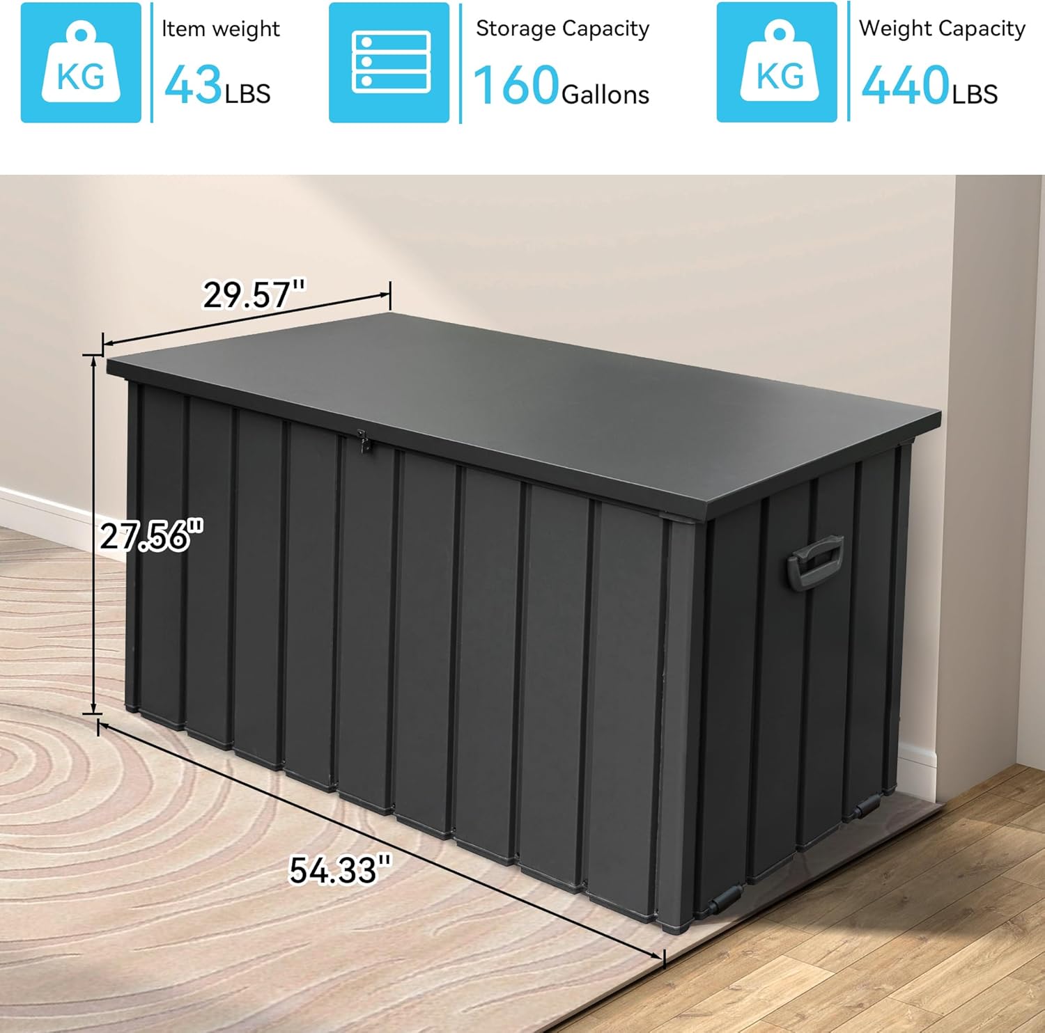 160 Gallon Outdoor Storage Deck Box Made of Galvanized Steel, Waterproof All Weather Outside Storage Bench UV-Resistant on Wheel, Lockable Package Delivery Box for Porch, Cushion, Tools, Grey-VerdiqueGarden