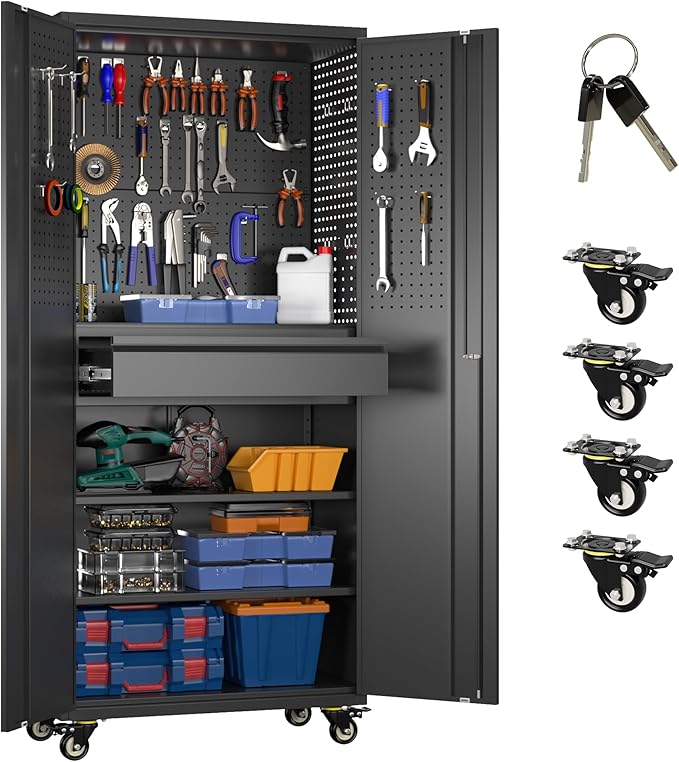 Metal Garage Cabinet with Wheels,71''H Rolling Lockable Steel Tool Cabinet with Pegboard & 1 Drawer for Garage,Home,Office Assembly Required,Black/Red-VerdiqueGarden