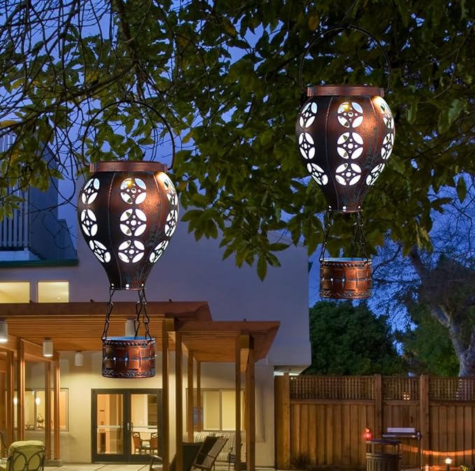 Hot Air Balloon Solar Lantern for Garden Decor,2 Pack Matal Hanging Lantern,Outdoor Metal LED Solar Lights for Yard Patriotic Trees Decor-VerdiqueGarden