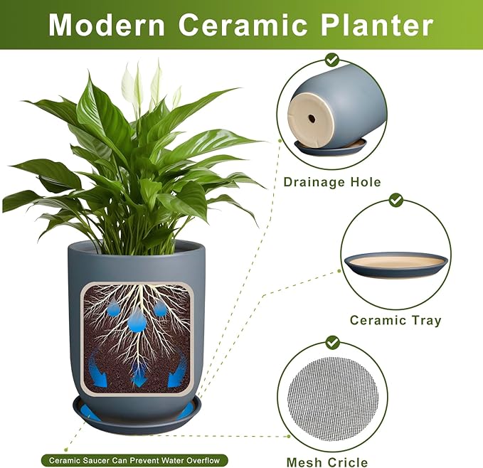 10 Inch Plant Pot - Ceramic Pot for Indoor Plants Outdoor Planter Large Flower Pot with Drainage Hole and Saucer Cylinder Gray-VerdiqueGarden
