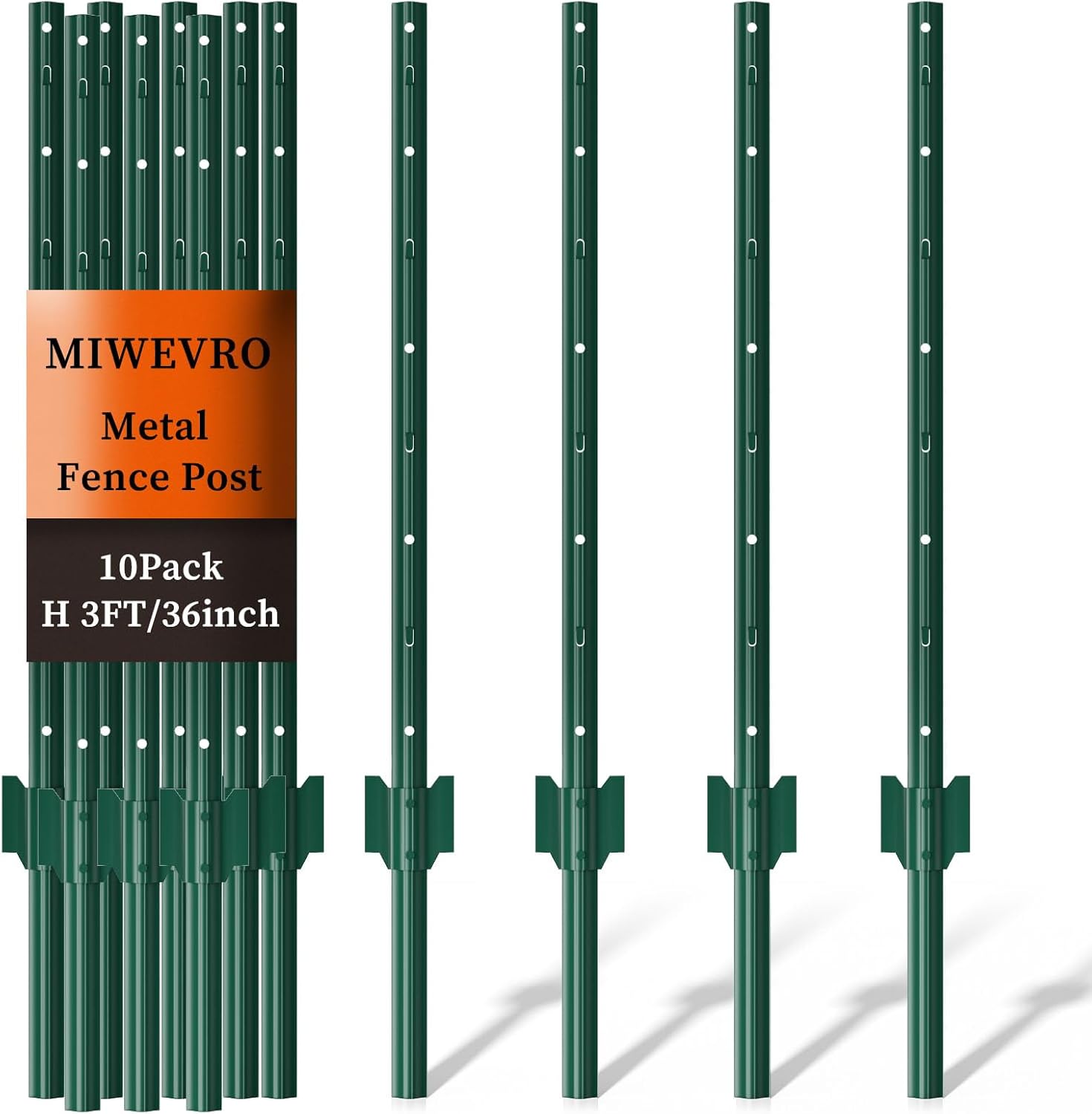 10 Pack Garden Fence Post, 3 Feet Heavy Duty Metal U-Post for Wire Fence, No Dig Garden Fence Stakes for Temporary Fencing, Electric Fence Wire, Corner Anchor, and More-Green-VerdiqueGarden