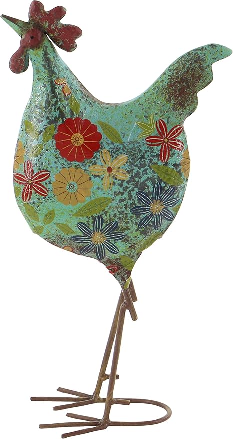 Deco 79 Metal Rooster Decorative Garden Sculpture Indoor Outdoor Distressed Standing Garden Statue with U Shaped Feet, Outdoor Sculpture 10" x 5" x 17", Green-VerdiqueGarden