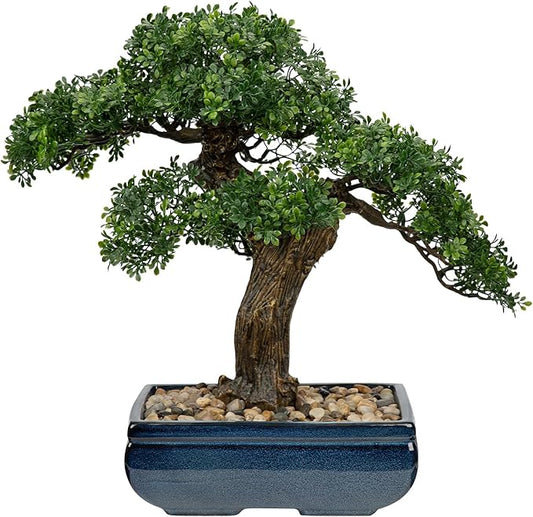 Artificial Bonsai Tree Juniper Faux Plants Indoor Fake Plants Decor with Blue Square Ceramic Pots for Home Table Office Desk Bathroom Shelf Bedroom Living Room Farmhouse Decorations-VerdiqueGarden