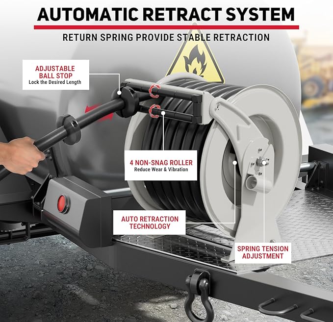Diesel Fuel Hose Reel Retractable 1" x 50' with Fueling Nozzle Diesel Hose Reel 300 PSI Industrial Auto Swivel Heavy Duty Steel Construction for Farm Ship Vehicle Tank-VerdiqueGarden