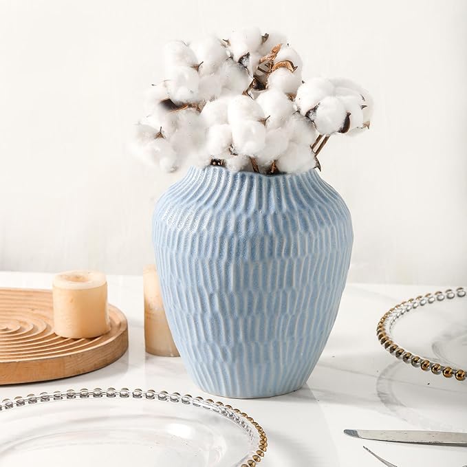 Ceramic Vase for Home Decor,7.8 Inch Flower Vases，Decorative Blue Vase for Pampas Grass，Modern Art Texture Vases for Home Entryway Living Room Dining Table Farmhouse Office Decor-Mat Blue-VerdiqueGarden