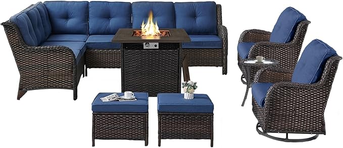 Outdoor Sectional Furniture Sofa Set with Propane Fire Pit Table, Wicker Patio Conversation Set with 2 Swivel Rocker Glider Chairs Blue Cushion Perfect for Backyard Casual Gathering-VerdiqueGarden