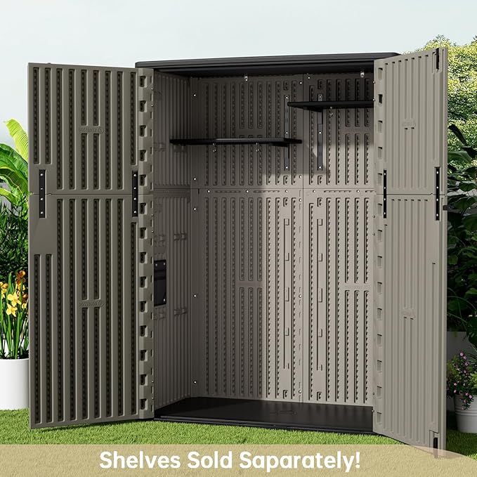 KINYING Outdoor Storage Shed,57 Cu.ft Vertical Outdoor Storage Cabinet Waterproof, Outdoor Resin Tool Shed for Patio Furniture, Garden Tools, Pool Accessories, Lawn Mower(Coffee Color)-VerdiqueGarden