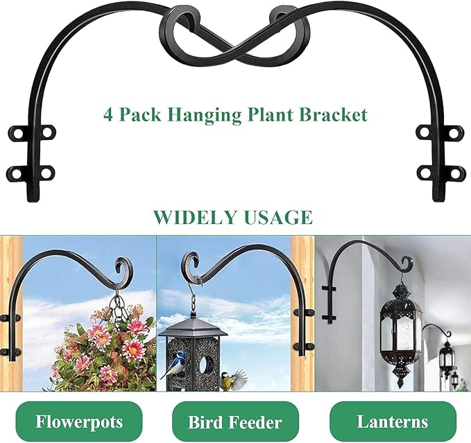 4 Pack Heavy Duty Plant Hanger Bracket, 16Inch Hanging Brackets for Plants Outdoor and Indoor, 80lbs Holding Capacity Metal Plant Wall Hooks, Black Hanging Plant Brackets for Flower Wind Bird Feeder-VerdiqueGarden