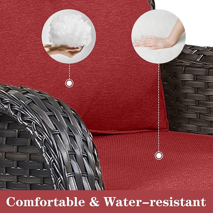 5 Pieces Patio Wicker Furniture Set - 4 Outdoor Swivel Rocker Glider Chairs with 50000BTU Propane Fire Pit Table, Warm Patio Conversation Set Red Cushion Perfect for Casual Gathering-VerdiqueGarden
