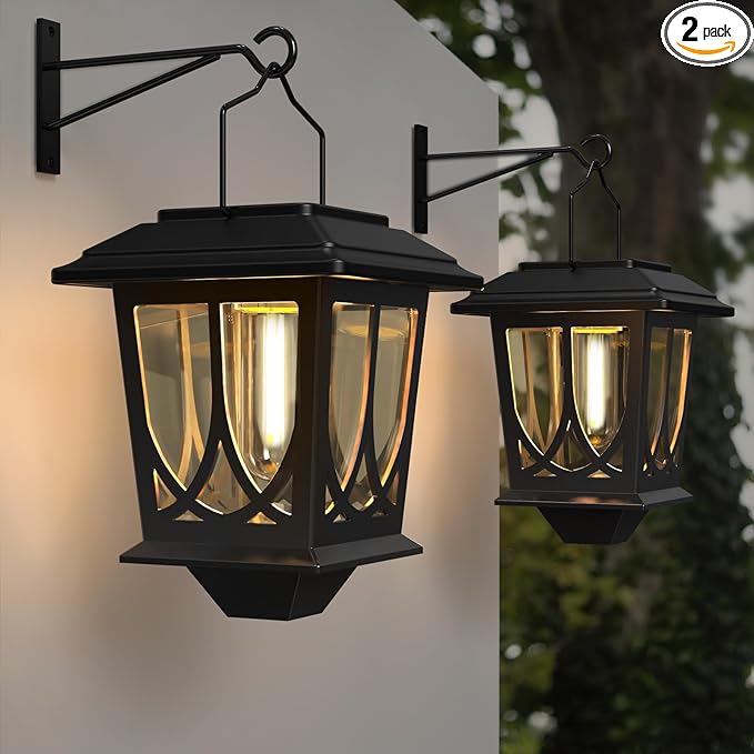 Solar Lanterns Outdoor Waterproof 2 Pack, Glass Auto On/Off LED Hanging Solar Lights, Outdoor Lantern with Wall Mount for Yard Fence Patio - Black-VerdiqueGarden