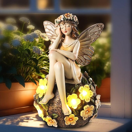 Solar Fairy Statue Sitting on The Flower Ball Light 6.8" Angel Statues for Garden Yard Patio Porch Lawn Decor Resin Fairy Figurine Outdoor Waterproof Angel Gifts for Women Mom Sister-VerdiqueGarden