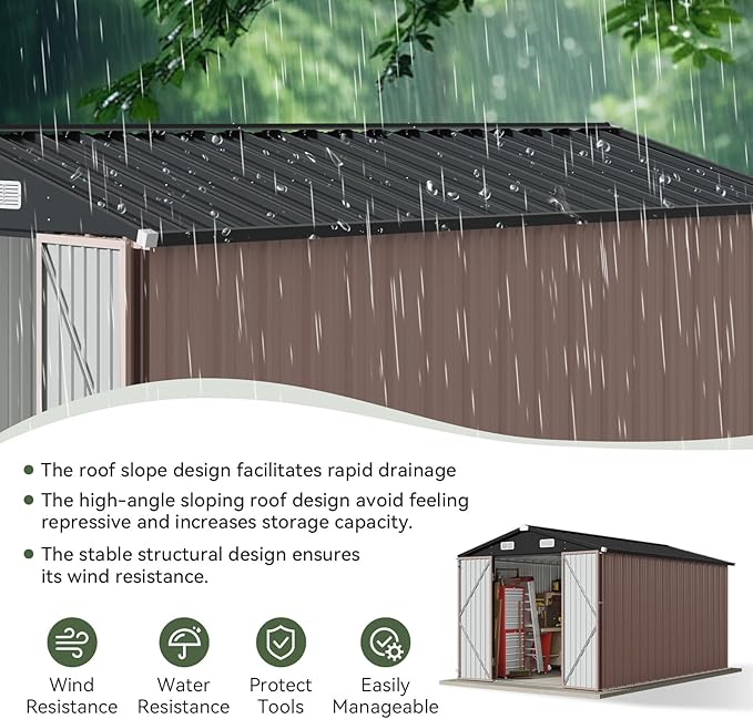 Aoxun 12x7.5 FT Shed Outdoor Storage Shed with Spacious Door Large Sheds with Double Lockable Door Galvanized Metal Shed for Garbage Can, Bike, Mower, Brown-VerdiqueGarden
