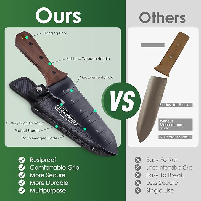Hori Hori Garden Knife, Garden Tools with Sheath for Weeding,Planting,Digging, 7" Stainless Steel Blade with Cutting Edge, Full-Tang Wood Handle with Hanging Hole-VerdiqueGarden